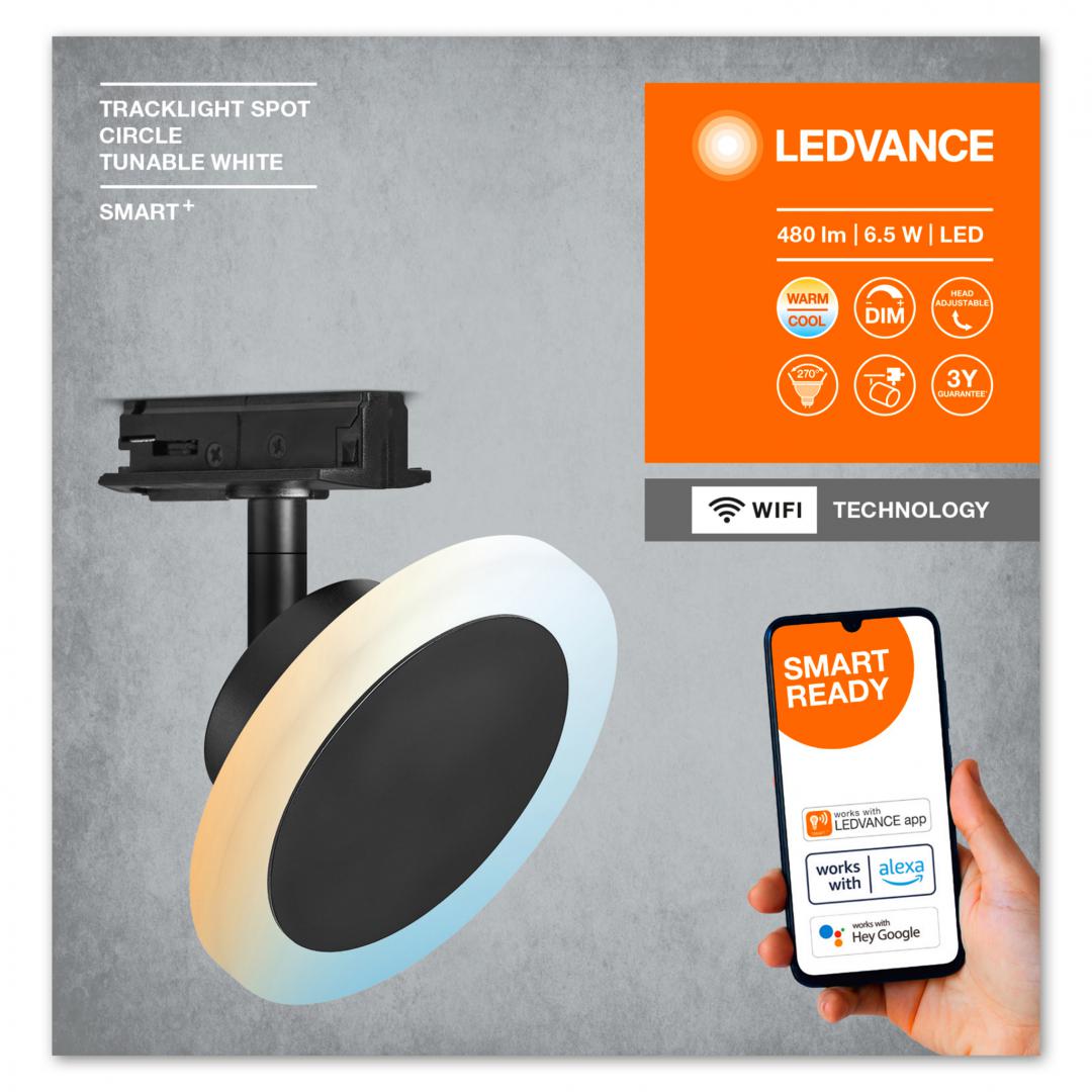overlay_0bc8ccc89701614a9afc1ff290ebe758 Spot LED inteligent pe sina Ledvance Smart+ WiFi TRACKLIGHT SPOT CIRCLE, 6.5W, 480 lm, lumina alba (3000-6500K), dimabila, IP20, reglabil, Ø120x95mm, Negru - imagine 1