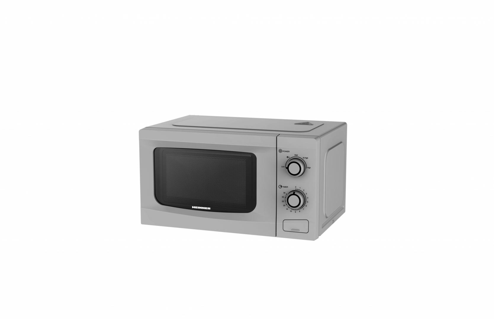 overlay_0c6ef6ef92bc641c47cf4f4071661df3 CUPTOR CU MICROUNDE HEINNER HMW-M2035SL, CAPACITATE 20L, CONTROL MECANIC, PUTERE CUPTOR 700W, 5 TREPTE DE PUTERE, TIMER, TIMP MAXIM DE GATIRE 35 MIN, FUNCTIE DECONGELARE, SEMNAL SONOL LA FINALIZAREA PROGRAMULUI, DIAMETRU PLATOU ROTATIV 255MM, DIMENSIUNI ( LXAXI): 45.5X35.3X26.1 CM, CULOARE: ARGINTIU - imagine 1