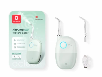 Irigator bucal Oclean AirPump 10, 3 moduri, baterie 1200 mAh, durata baterie pana la 40 zile, IPX7 Waterproof, indeparteaza pana la 99% din placa bacteriana, tehnologie AirPump dual-power (apa + aer), design compact, culoare : verde, continut pachet: irigator, duza standard, duza ortodontica, cablu