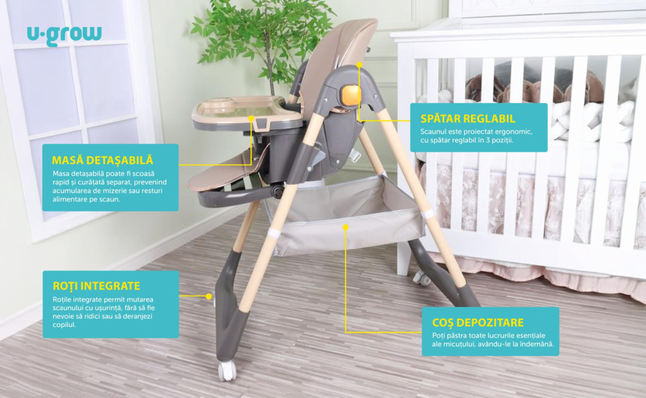 Scaun de masa cu inaltime reglabila, spatar ajustabil in 4 pozitii, pliabil, brown, U-Grow - imagine 7