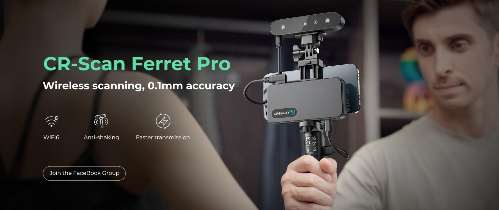 overlay_6ce33a8213d142f83bbe9bc6733a3870 CREALITY 3D SCANNER CR-SCAN FERRET PRO, Rezolutie 3D: 0.16mm, Distanta lucru: 150-700mm, Viteza scanare: 30fps, Acuratete: 0.1mm, Conectivitate wireless WI-FI6, Durata sesiune max: 2.5h, Capacitate acumulator: 5000mAh, Sisteme de operare: IOS, Windows, Android, raza single capture: 560x820mm - imagine 1