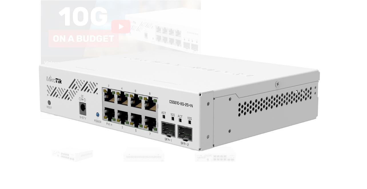 overlay_6f78cfa777877ca9cdcfe95f61389d19 MIKROTIK, CSS610-8G-2S+IN 8G, 2 SFP+ Port , Indoor Switch 64kb Flash, Pasive POE, Dimensiuni: 200 x 167 x 46 mminterfata: 8 x 10/100/1000, 2 x SFP+, IP20, POE in- 12-57 V, consum maxim 5w. - imagine 1