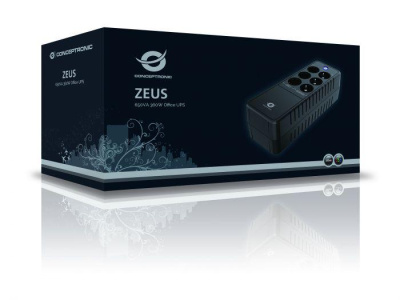 Conceptronic ZEUS05E 650VA 360W UPS, Schuko x 6 (3x surge protection 3x surge protection & battery backup), RJ45 In/Out, AVR, 110 x 309 x 84 mm - imagine 2