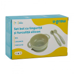Set bol cu lingurita si furculita silicon, olive,U-Grow - imagine 3