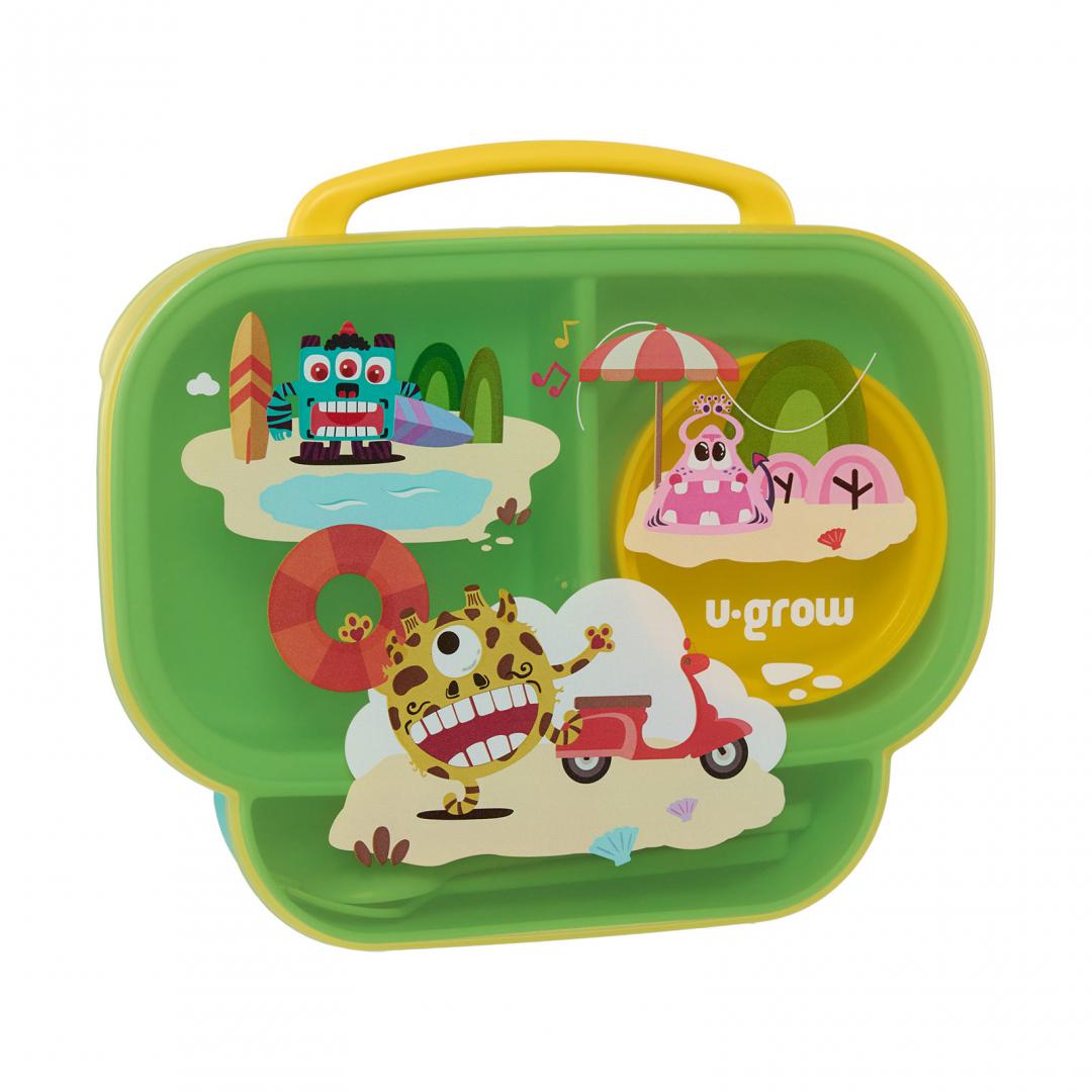 overlay_b5a0014aa9c838d30001036c4c943e5d Farfurie compartimentata cu capac si lingurita si furculita, galbena, U-Grow - imagine 1