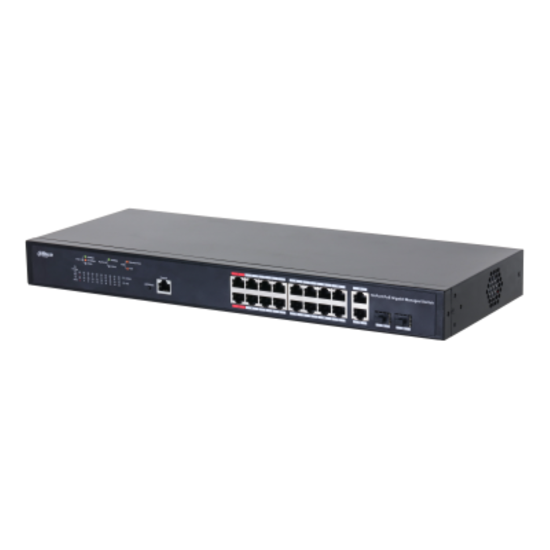overlay_b79c1ee17ad17bfb882ee9d62f5c7d6e Dahua Managed Switch 18 porturi, 16 porturi POE, Gigabit, Port 1-16:16 × 10M/100M/1000MBase-T (PoE), Port 17-18:2 × 10M/100M/1000MBase-T (uplink) (combo), Port 17-18:2 × 1000M SFP (uplink)(combo), 1 × Console port, Managed L2, Capacitate switch: 56 Gbps, Packet Forwarding Rate: 29.76 Mpps - imagine 1