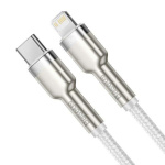 CABLU alimentare si date Baseus Cafule Metal, Fast Charging Data Cable pt. smartphone, USB Type-C la Lightning Iphone PD 20W, brodat, 1m, alb - imagine 2
