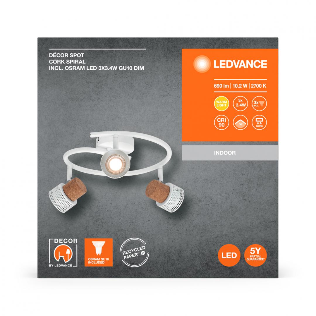 overlay_e1593856c5da4120b4db37e008a8f2eb Spot LED triplu ajustabil Ledvance DECOR CORK, 3xGU10, 3x3.4W, 690 lm, lumina calda (2700K), dimabil, IP20, Ø318mm, Alb, clasa energetica G - imagine 1